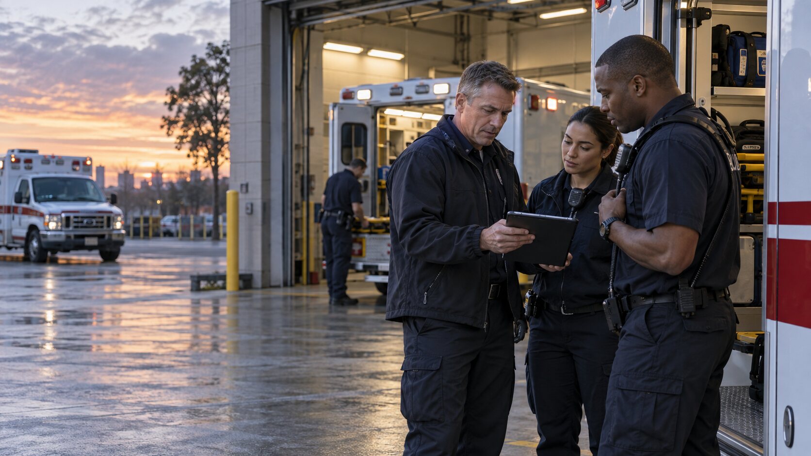 Fire and EMS field supervisors coordinating operations near an ambulance