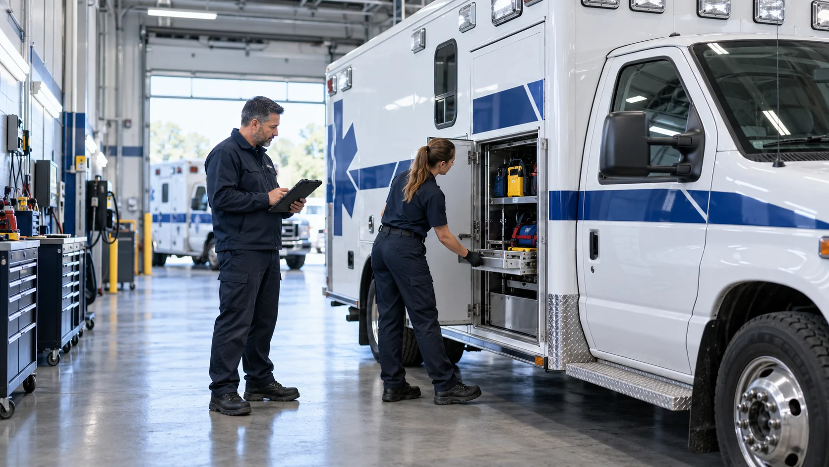 EMS personnel inspecting an ambulance for fleet readiness